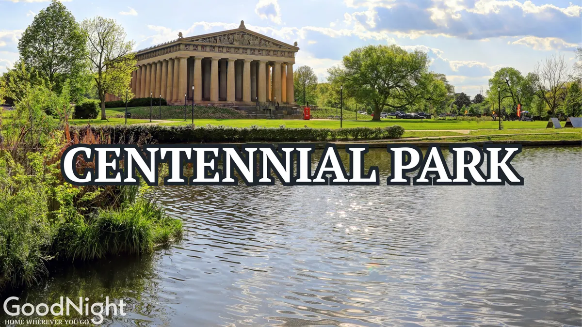 A serene exterior view featuring the Parthenon-like structure reflecting on a water surface, surrounded by lush greenery, which evokes the inviting and cultural atmosphere of Centennial Park.